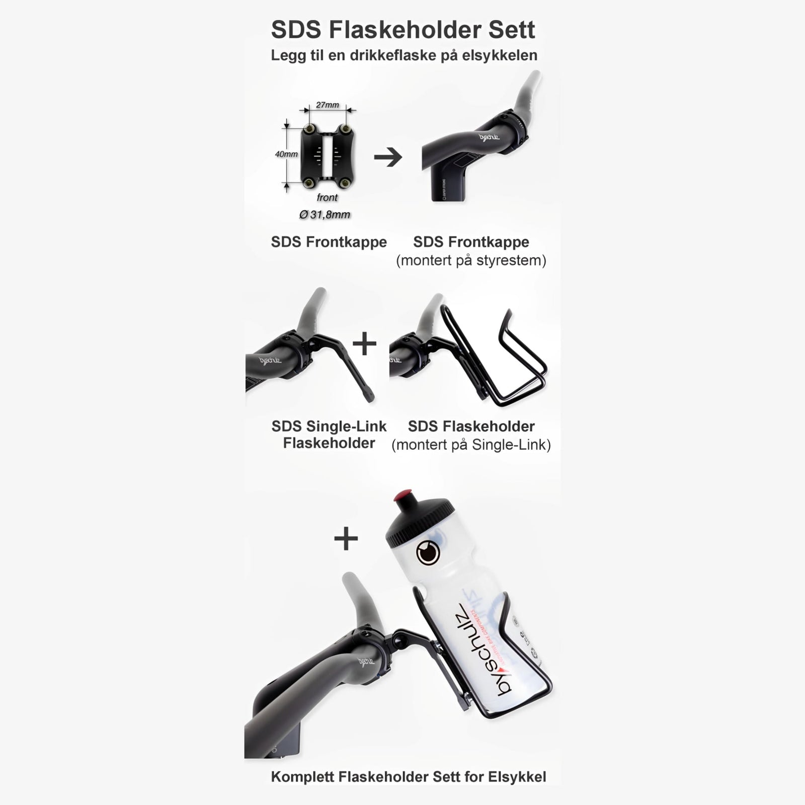by.schulz SDS Single - Link Flaskeholder Arm - Justerbar arm montert til styrestem som holder din flaskeholder - ebiketech