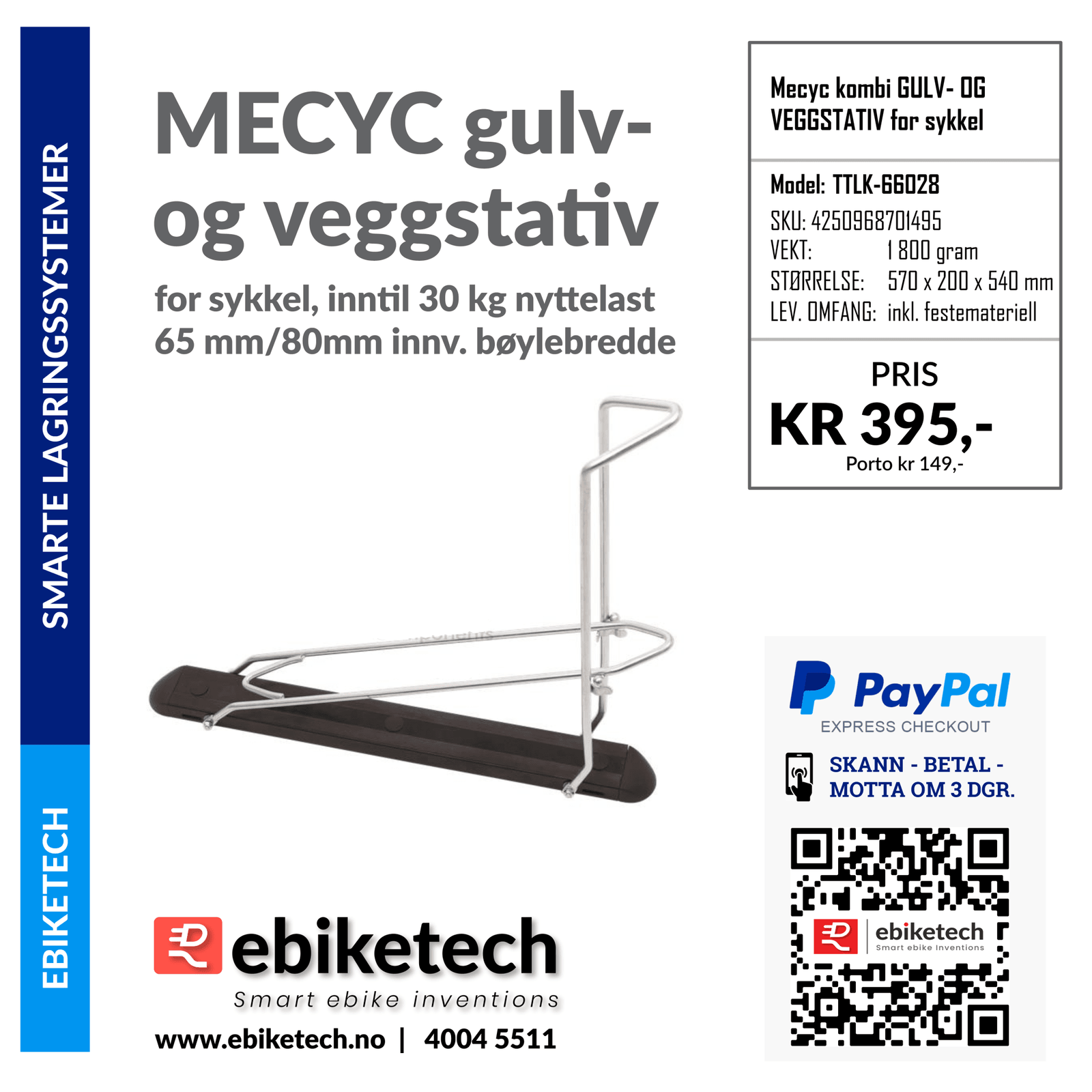 MECYC sammenleggbart kombi sykkelstativ for både gulv- og veggmontering, 30 kg. - ebiketechnology