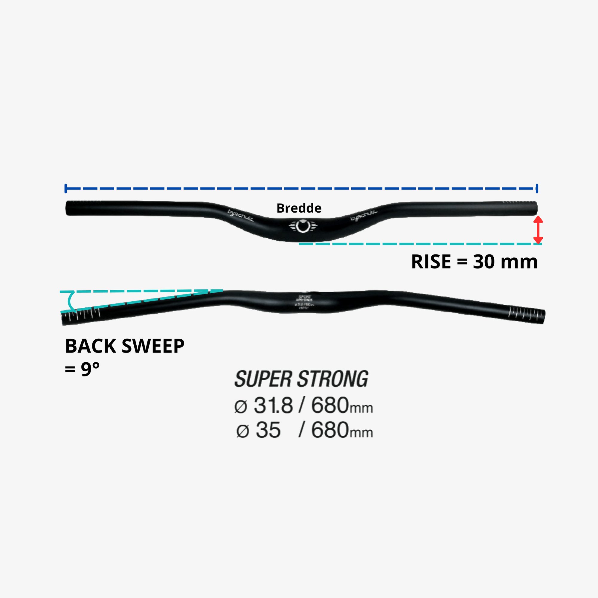 by.schulz Premium Sport SuperStrong - Høyt belastbart Aluminiumsstyre for Sportslige City-, Trekking- og Elsykler - Diameter 31,8mm - 680mm bredde - ebiketech