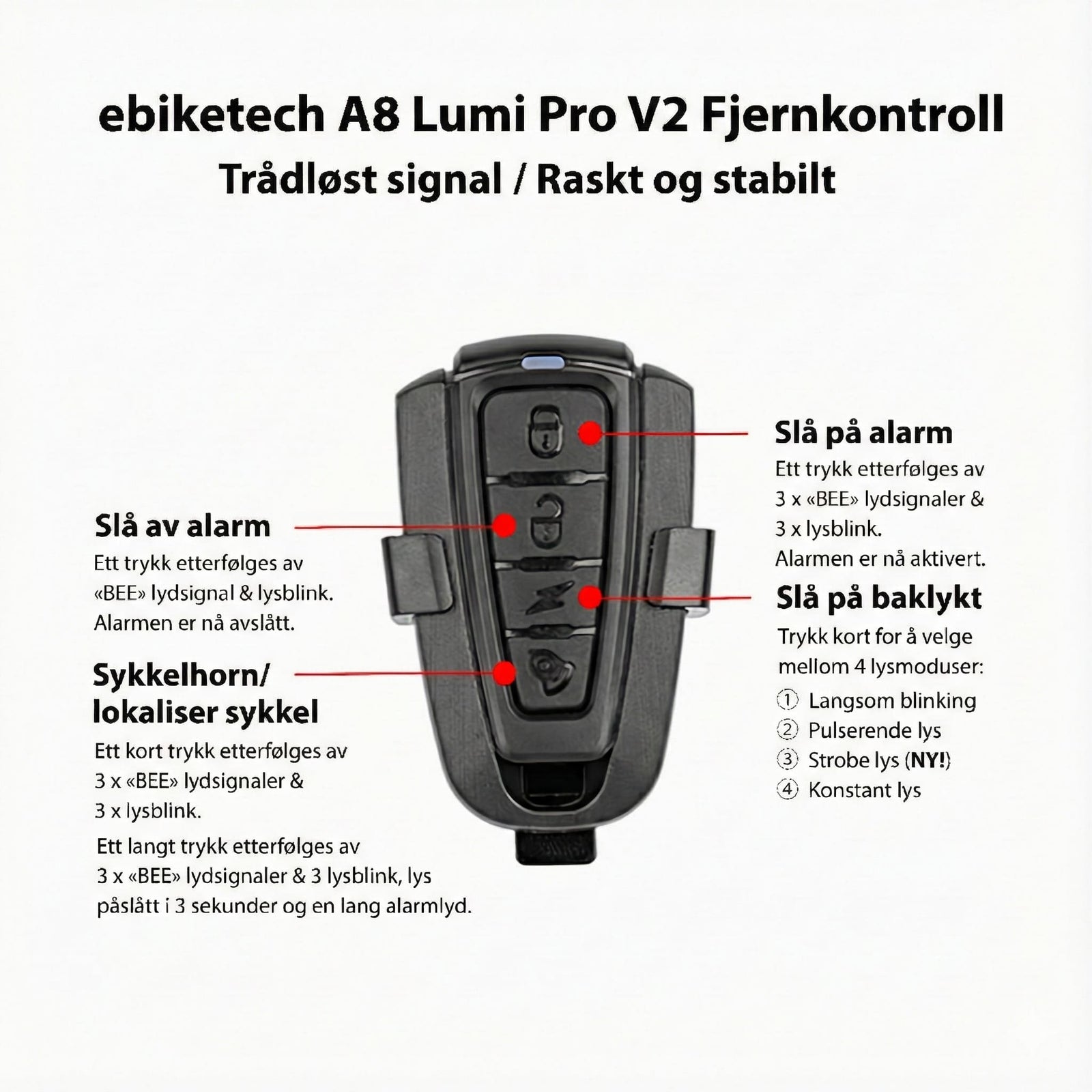 ebiketech Lumi A8 Pro v.2.0 intelligent sykkelalarm, smart bremselys, baklykt og elektronisk sykkelhorn - fjernkontroll - 115dB - ebiketech