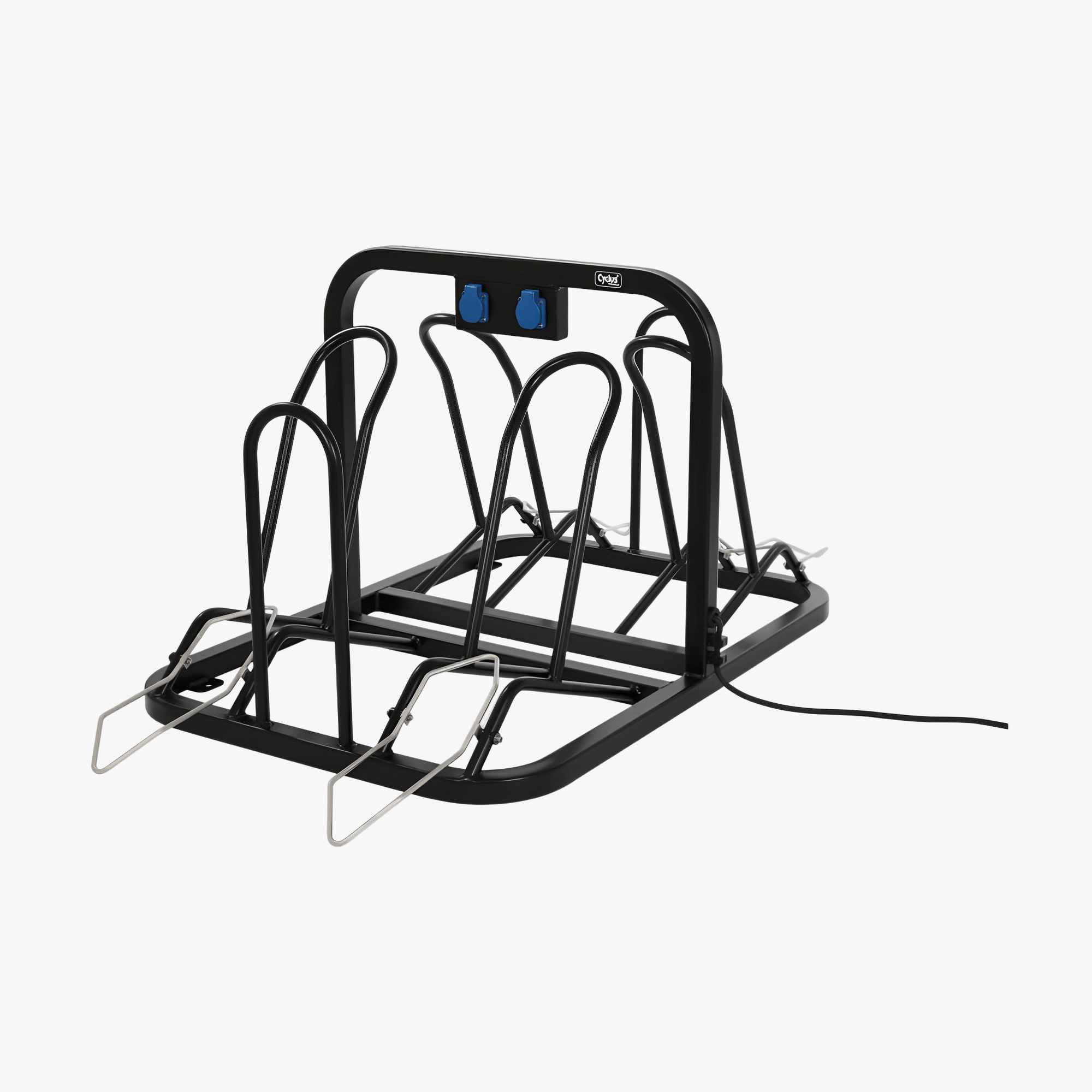 Cyclus Tools Sykkelstativ for elsykler | Stativ for 4 sykler inkl. tilkobling av lader for elsykkelbatterier | 230 V - ebiketech