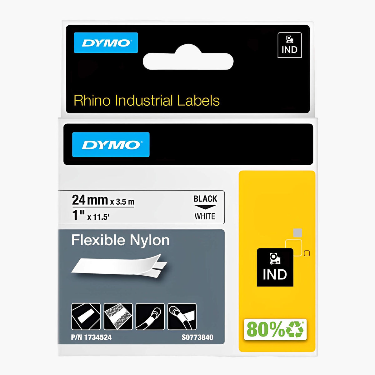 DYMO Label Nylon Sort på Hvit 24mm 3.5m S0773840 - Industri etiketter i Nylon for Dymo Rhino 6000 - ebiketech