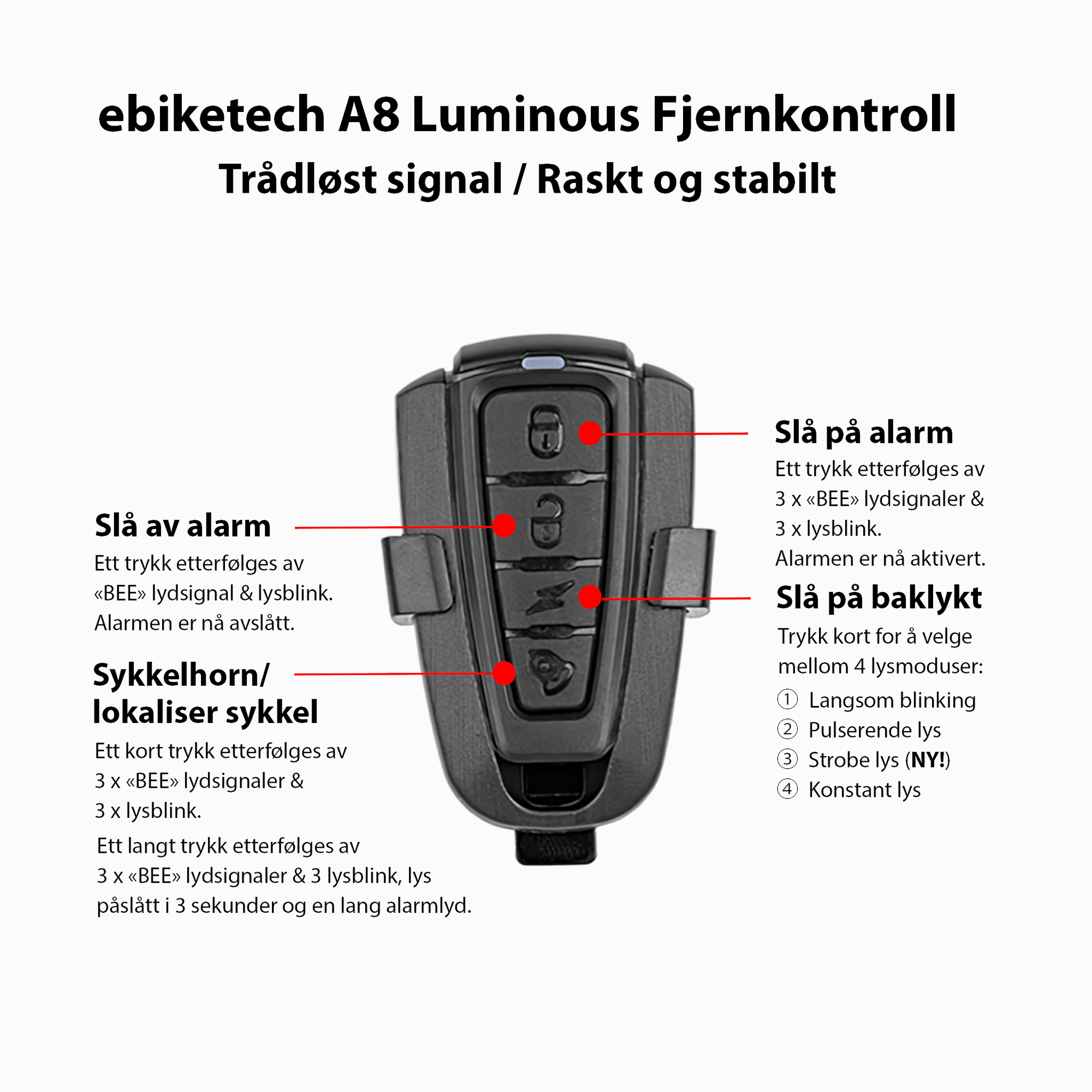 ebiketech A8 Luminous sykkelalarm, bremselys og baklykt - med fjernkontroll - 115dB - Oppladbart batteri - En ekstra tyverisikring for din elsykkel! - ebiketech