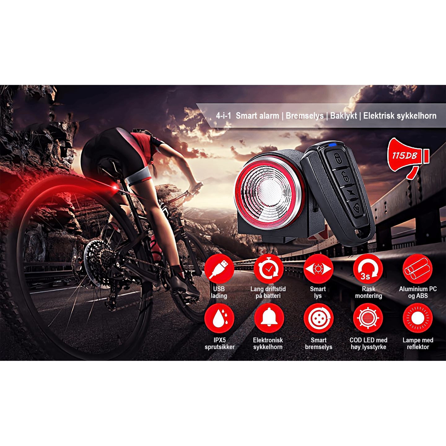 ebiketech A8 Luminous sykkelalarm, bremselys og baklykt - med fjernkontroll - 115dB - Oppladbart batteri - En ekstra tyverisikring for din elsykkel! - ebiketech