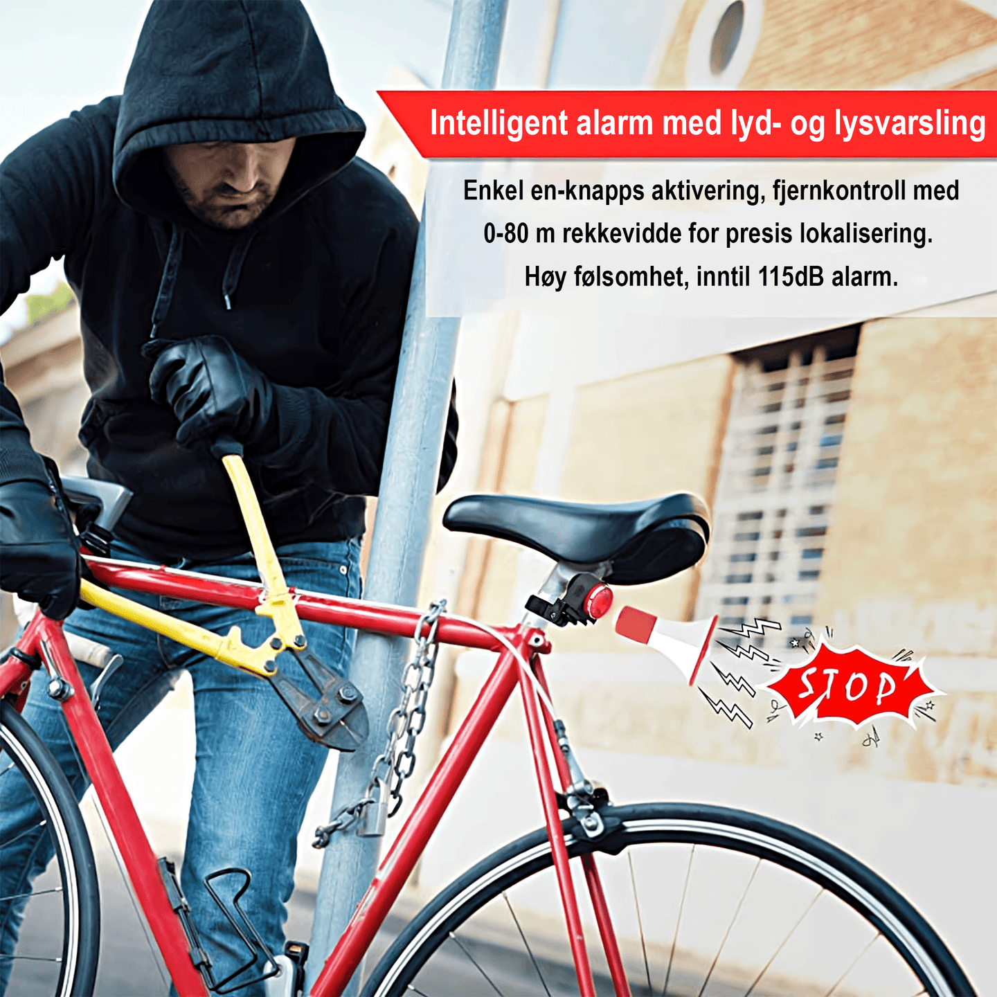 ebiketech A8 Luminous sykkelalarm, bremselys og baklykt - med fjernkontroll - 115dB - Oppladbart batteri - En ekstra tyverisikring for din elsykkel! - ebiketech