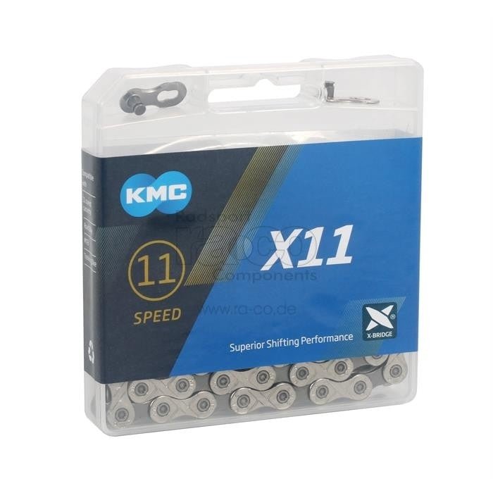 KMC X11 -kjede | 11s | 114 lenker | Sølv/grå | Vei/MTB -kompatibel | Manglende link - ebiketech