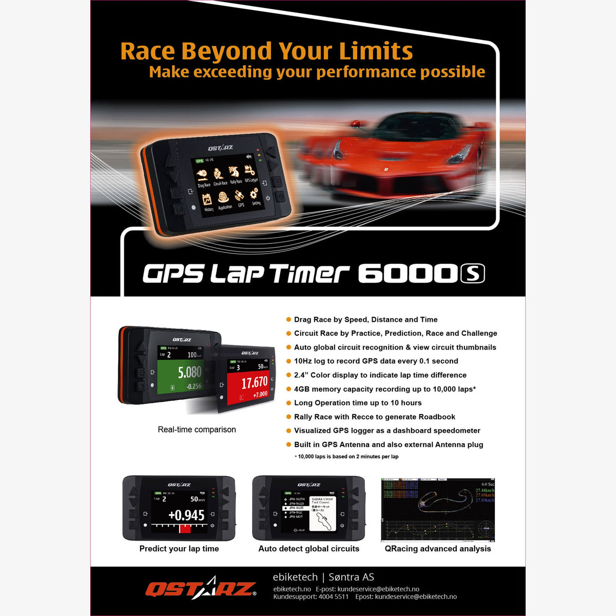 QSTARZ LT-6000S GPS Tracker / Lap Timer / Datalogger m/2.4" fargeskjerm og frontrutefeste - ebiketech